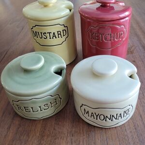 Pottery Barn Ceramic Condiment Jar Set - Red, Yellow, Green, Cream